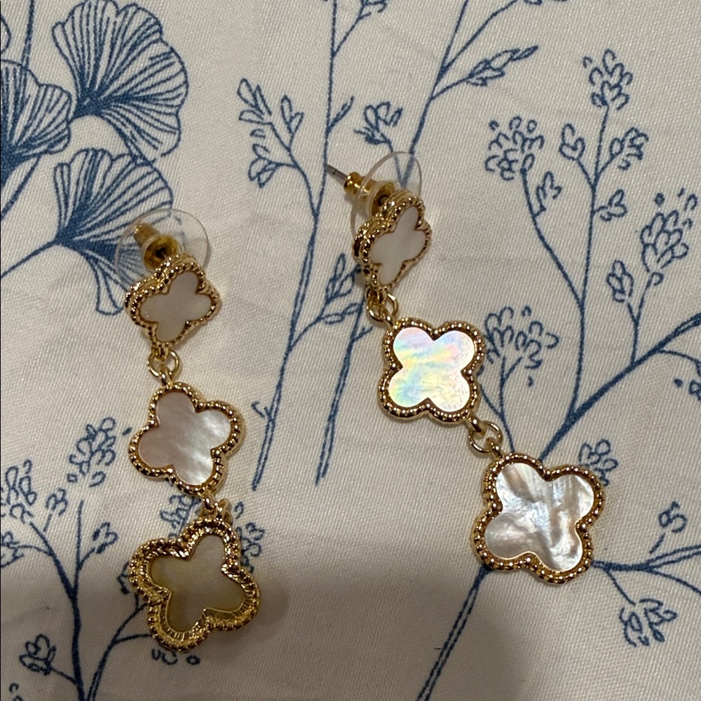 Gold and White Floral Drop Earrings